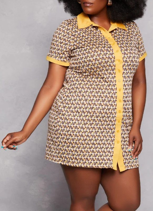 Plus Size Geometric Patterned Shirt DressSheer Shirts